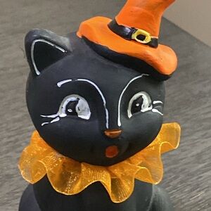 Halloween Black Cat Figurine with Orange Hat